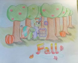 Size: 1457x1189 | Tagged: safe, artist:prinrue, imported from derpibooru, oc, oc only, oc:starshine note, alicorn, pony, alicorn oc, apple, apple tree, autumn, basket, food, glowing horn, leaves, pumpkin, solo, text, traditional art, tree