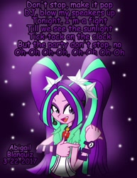 Size: 2550x3300 | Tagged: safe, artist:kova360, imported from derpibooru, aria blaze, equestria girls, abstract background, date, female, kesha, lyrics, solo, song reference, text, tik tok, tiktok