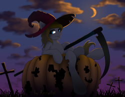 Size: 1333x1037 | Tagged: safe, artist:rexiwiksi, imported from derpibooru, oc, oc only, oc:hickory switch, earth pony, pony, cloud, cloudy, commission, crescent moon, detailed background, glowing eyes, grass, graveyard, halloween, hat, holiday, male, moon, nightmare night, pumpkin, scythe, solo, stallion, witch hat, ych result