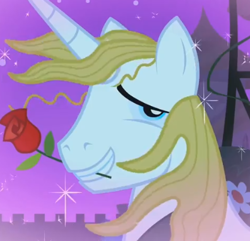 Size: 396x382 | Tagged: safe, imported from derpibooru, screencap, prince blueblood, pony, season 1, the best night ever, cropped, flower, flower in mouth, male, mouth hold, rose, rose in mouth, solo, sparkles, windswept mane