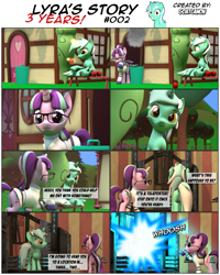 Size: 3929x4915 | Tagged: safe, artist:goatcanon, imported from derpibooru, lyra heartstrings, starlight glimmer, comic:lyra's story, 3d, apple, comic, dialogue, food, glasses, levitation, magic, ponyville, science, source filmmaker, telekinesis, teleportation, teleporter