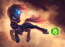 Size: 2000x1454 | Tagged: safe, artist:nemo2d, imported from derpibooru, tempest shadow, pony, unicorn, my little pony: the movie, armor, broken horn, eye scar, female, kicking, mare, obsidian orb, scar, solo, sparking horn