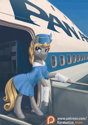 Size: 636x900 | Tagged: safe, artist:kirillk, imported from derpibooru, oc, oc only, oc:rafale, pony, boeing 747, clothes, cute, female, hat, jumbo jet, lidded eyes, looking at you, mare, ocbetes, pan am, patreon, patreon logo, plane, smiling, solo, stewardess