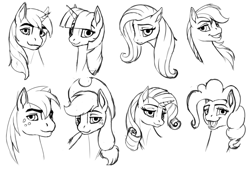 Size: 902x617 | Tagged: safe, artist:wwredgrave, imported from derpibooru, applejack, big macintosh, fluttershy, pinkie pie, rainbow dash, rarity, shining armor, twilight sparkle, earth pony, pegasus, pony, unicorn, apple family, bust, monochrome, sketch, sparkle family