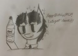 Size: 2635x1897 | Tagged: safe, artist:antique1899, imported from derpibooru, oc, oc only, oc:ragtime melody, pony, alcohol, cursive writing, drunk, drunk bubbles, happy birthday mlp:fim, mlp fim's eighth anniversary, monochrome, solo, traditional art