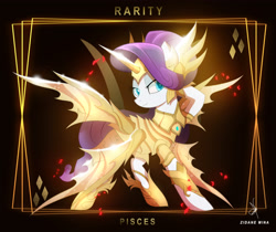 Size: 3840x3232 | Tagged: safe, artist:zidanemina, imported from derpibooru, rarity, pony, unicorn, anime, armor, armorarity, crossover, female, flower, gold saint, horn, horoscope, mare, petals, pisces, rose, rose petals, saint seiya, solo, zodiac