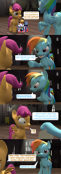 Size: 1920x5400 | Tagged: safe, artist:red4567, derpibooru exclusive, imported from derpibooru, rainbow dash, rainbow dash (g3), scootaloo, pony, 35th anniversary, 3d, clothes, dress, g3, g3 to g4, g3.5, g4, generation leap, implied g3.5 scootaloo, photo, rainbow dash always dresses in style, source filmmaker