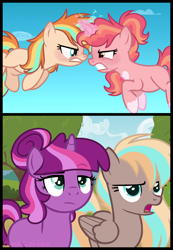Size: 1162x1676 | Tagged: safe, artist:boneswolbach, artist:geekcoffee, artist:kingbases, artist:shypawcute, imported from derpibooru, oc, oc only, oc:aurora apple, oc:shiny star, oc:summer storm, oc:sunrise confetti, pegasus, pony, unicorn, argument, base used, blushing, bush, cloud, comic, female, fight, freckles, glowing horn, lesbian, levitation, magic, magical lesbian spawn, mare, next generation, oc x oc, offspring, offspring shipping, open mouth, parent:applejack, parent:cheerilee, parent:dumbbell, parent:pinkie pie, parent:rainbow dash, parent:sunburst, parent:twilight sparkle, parents:cheerilight, parents:dumbdash, parents:glimmerjack, parents:pinkieburst, self-levitation, shipping, sky, telekinesis, tree, unamused