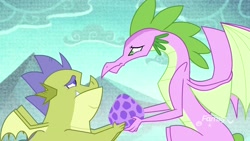 Size: 1920x1080 | Tagged: safe, imported from derpibooru, screencap, sludge (dragon), spike's fake mother, dragon, father knows beast, dragoness, duo, egg, female, lies, male, sludge (g4), solo, teary eyes