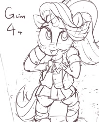Size: 652x800 | Tagged: safe, artist:k-nattoh, imported from derpibooru, starlight glimmer, pony, unicorn, bipedal, blushing, clothes, cute, female, glimmerbetes, moe, school uniform, shoes, sketch, skirt, socks, solo
