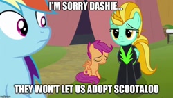 Size: 888x500 | Tagged: safe, edit, edited screencap, editor:icey-wicey-1517, editor:icicle-wicicle-1517, imported from derpibooru, screencap, lightning dust, rainbow dash, scootaloo, pegasus, pony, the washouts (episode), adoption, clothes, eyes closed, female, filly, image macro, imgflip, lesbian, mare, meme, rainbowdust, sad, shipping, tent, text, the washouts, uniform, washouts uniform