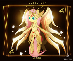 Size: 3840x3232 | Tagged: safe, artist:zidanemina, imported from derpibooru, fluttershy, pegasus, pony, anime, armor, badass, crossover, female, flutterbadass, flying, god cloth, gold saint, helmet, looking down, mare, saint seiya, smiling, solo, spread wings, virgo, wings, zodiac