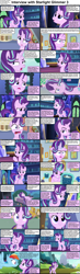 Size: 1280x4375 | Tagged: safe, imported from derpibooru, rainbow dash, starlight glimmer, pegasus, pony, unicorn, comic:celestia's servant interview, caption, chocolate, comic, cs captions, empathy cocoa, faic, female, food, hot chocolate, interview, looking at you, mare, marshmallow, mug, scared, school of friendship, twilight's castle