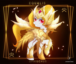 Size: 3840x3232 | Tagged: safe, artist:zidanemina, imported from derpibooru, oc, oc only, oc:equalis, earth pony, pony, armor, digital art, female, high res, mare, ophiuchus, raised hoof, saint seiya, signature