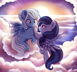 Size: 1600x1500 | Tagged: safe, artist:dressella, imported from derpibooru, oc, pegasus, pony, cloud, female, lesbian, mare, oc x oc, shipping, signature, sky, smiling, spread wings, sun, wings
