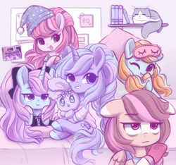 Size: 2364x2216 | Tagged: safe, artist:dressella, imported from derpibooru, oc, cat, earth pony, pegasus, pony, rabbit, unicorn, bed, book, cellphone, clothes, cute, female, hat, mare, nightcap, one eye closed, pajamas, phone, shirt, smiling, tongue out