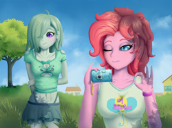 Size: 2500x1859 | Tagged: safe, artist:generalecchi, imported from derpibooru, marble pie, pinkie pie, equestria girls, alternate hairstyle, belly button, boob window, bra, camera, clothes, cute, equestria girls-ified, female, hair over one eye, house, midriff, miniskirt, panties, short hair, short shirt, sisters, skirt, thong, underwear