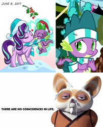 Size: 1118x1367 | Tagged: safe, imported from derpibooru, spike, starlight glimmer, dragon, unicorn, best gift ever, clothes, dreamworks, female, holly, holly mistaken for mistletoe, i have questions, kissing, kung fu panda, male, scarf, shifu, shipping, sparlight, straight, text