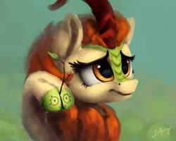 Size: 1250x1000 | Tagged: safe, artist:lollipony, imported from derpibooru, autumn blaze, kirin, sounds of silence, abstract background, autumn blaze's puppet, cloven hooves, female, quadrupedal, sad, scene interpretation, solo