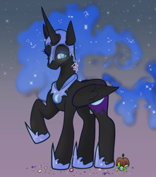 Size: 1515x1716 | Tagged: safe, artist:incapacitatedvixen, imported from derpibooru, nightmare moon, alicorn, pony, antagonist, candy, confetti, ethereal mane, female, food, hoof shoes, looking away, mare, nightmare night, one eye closed, raised hoof, royalty, smiling, smirk, solo, starry mane, villainess, wink