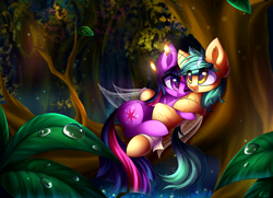 Size: 4000x2900 | Tagged: safe, artist:kaleido-art, imported from derpibooru, twilight sparkle, oc, oc:honeydew, breezie, pony, canon x oc, commission, duo, female, forest, hug, leaf, male, mare, one eye closed, open mouth, scenery, signature, smiling, stallion, straight, tree, tree branch, water