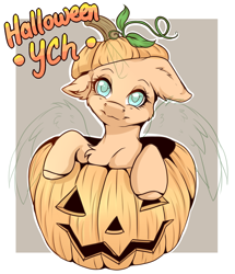 Size: 1956x2275 | Tagged: safe, artist:serenity, imported from derpibooru, pony, auction, commission, cute, festive, fluffy, halloween, holiday, jack-o-lantern, looking at you, pumpkin, your character here