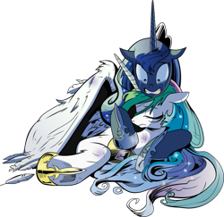 Size: 907x881 | Tagged: safe, artist:andypriceart, idw, imported from derpibooru, princess celestia, princess luna, alicorn, pony, reflections, crying, duo, ethereal mane, female, hoof shoes, hurt/comfort, injured, mare, royal sisters, simple background, sisters, starry mane, transparent background, vector