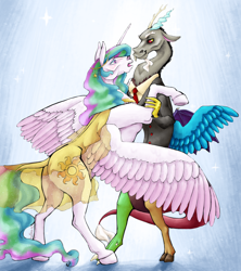 Size: 4000x4500 | Tagged: safe, artist:holka13, derpibooru exclusive, imported from derpibooru, discord, princess celestia, alicorn, draconequus, pony, absurd resolution, clothes, dancing, dislestia, female, male, mare, realistic, shipping, straight