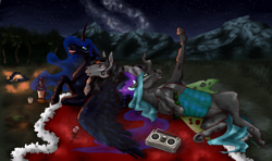 Size: 4300x2553 | Tagged: source needed, safe, artist:holka13, imported from derpibooru, king sombra, nightmare moon, queen chrysalis, alicorn, changeling, changeling queen, pony, unicorn, alcohol, alternate hairstyle, boombox, broken horn, campfire, chrysombramoon, fangs, female, horn, looking up, lying down, male, night, on back, realistic, royal cape, shipping, sombramoon, spread wings, stars, straight, wings