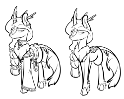 Size: 747x595 | Tagged: safe, artist:cantershirecommons, imported from derpibooru, oc, oc only, kirin, antlers, braid, clothes, cloven hooves, female, horns, jewelry, lineart, monochrome, robes, scales, solo