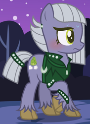 Size: 656x900 | Tagged: safe, artist:razorbladetheunicron, imported from derpibooru, limestone pie, earth pony, pony, lateverse, alternate universe, base used, belt, blushing, bracelet, clothes, costume, cutie mark, ear piercing, earring, embarrassed, female, jacket, jewelry, leather jacket, mare, nervous, nightmare night, nightmare night costume, piercing, punk rock, solo, unshorn fetlocks, zipper