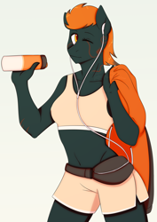 Size: 2760x3896 | Tagged: safe, artist:paperdakku, imported from derpibooru, oc, oc only, anthro, anthro oc, belly button, clothes, commission, digital art, female, headphones, high res, mare, midriff, one eye closed, orange hair, orange mane, shorts, signature, simple background, smiling, solo, sports bra, white background, wink, ych result