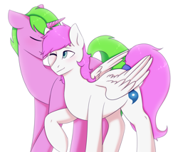 Size: 3424x2928 | Tagged: safe, artist:paperdakku, imported from derpibooru, oc, oc only, oc:cyclone stormy, oc:cyclonestormy, unnamed oc, pegasus, pony, unicorn, ambiguous gender, blushing, commission, cute, digital art, eyes closed, folded wings, high res, looking at each other, oc x oc, one eye closed, shipping, simple background, smiling, white background, wings, wink, ych result