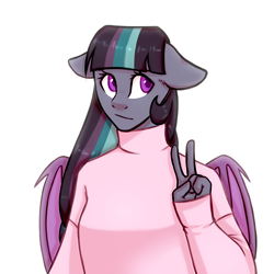 Size: 4000x4000 | Tagged: safe, artist:paperdakku, imported from derpibooru, oc, oc only, oc:fizzy pop, anthro, bat pony, absurd resolution, anthro oc, clothes, commission, digital art, female, floppy ears, folded wings, frown, looking sideways, mare, multicolored hair, multicolored mane, shirt, simple background, solo, victory sign, white background, wings, ych result