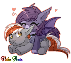 Size: 512x458 | Tagged: safe, artist:nika-rain, imported from derpibooru, oc, oc only, bat pony, pony, biting, chibi, commission, ear bite, heart, pixel art, simple background, transparent background