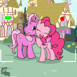 Size: 3200x3200 | Tagged: safe, artist:pizzamovies, imported from derpibooru, pinkie pie, pinkie pie (g3), earth pony, pony, 35th anniversary, cute, diapinkes, duo, eyes closed, g3, g3 diapinkes, generational ponidox, hug, open mouth, record