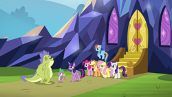 Size: 1280x720 | Tagged: safe, imported from derpibooru, screencap, applejack, fluttershy, pinkie pie, rainbow dash, rarity, sludge (dragon), spike, twilight sparkle, alicorn, dragon, father knows beast, mane seven, mane six, sludge (g4), twilight sparkle (alicorn), winged spike, wings