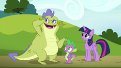 Size: 1280x720 | Tagged: safe, imported from derpibooru, screencap, sludge (dragon), spike, twilight sparkle, alicorn, dragon, pony, father knows beast, female, male, mare, sludge (g4), twilight sparkle (alicorn), winged spike, wings