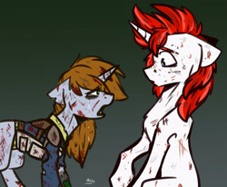 Size: 3031x2500 | Tagged: safe, artist:lrusu, imported from derpibooru, oc, oc only, oc:life bloom, oc:littlepip, pony, unicorn, fallout equestria, blood, clothes, crying, fanfic, fanfic art, female, floppy ears, gradient background, hooves, horn, jumpsuit, male, mare, open mouth, pipbuck, scar, sitting, stallion, standing, vault suit