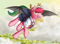 Size: 1518x1124 | Tagged: safe, artist:uliovka, imported from derpibooru, oc, oc only, oc:basura, alicorn, dracony, dragon, hybrid, pony, unicorn, alicorn oc, clothes, cosplay, costume, crossdressing, crossplay, headdress, maid, male, miss kobayashi's dragon maid, solo, stallion, tail, tohru