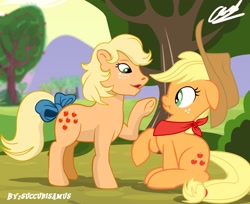 Size: 1750x1428 | Tagged: safe, artist:succubi samus, imported from derpibooru, applejack, applejack (g1), earth pony, pony, my little pony 'n friends, 35th anniversary, accessory, anniversary, apple tree, applejack's hat, bandana, boop, bow, cloth, clothes, cloud, cowboy hat, cute, cutie mark, duo, estin83, female, field, floppy ears, freckles, g1, g1 to g4, g4, generation leap, generational ponidox, happy birthday mlp:fim, hat, hnnng, hooves, jackabetes, looking at each other, mare, my little pony, noseboop, not sure if want, ponytail, raised hoof, scarf, scrunchy face, show accurate, signature, silly, silly pony, tail bow, tree, underhoof, weapons-grade cute, who's a silly pony