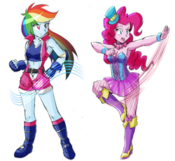 Size: 1913x1760 | Tagged: safe, artist:danmakuman, edit, imported from derpibooru, pinkie pie, rainbow dash, equestria girls, armpits, boots, bracelet, breasts, cleavage, clothes, costume, duo, fall formal outfits, female, hat, high heel boots, jewelry, lesbian, pinkiedash, shipping, shoes, simple background, sports bra, top hat, white background