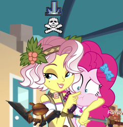 Size: 1437x1493 | Tagged: safe, edit, edited screencap, imported from derpibooru, screencap, pinkie pie, vignette valencia, equestria girls, equestria girls series, rollercoaster of friendship, boop, cropped, discovery family logo, geode of sugar bombs, headlock, magical geodes, personal space invasion, runescape, scrunchy face, stranger danger