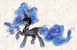 Size: 1280x827 | Tagged: safe, artist:ponycide, imported from derpibooru, nightmare moon, alicorn, pony, female, helmet, jewelry, mare, raised hoof, regalia, sharp teeth, solo, teeth, traditional art, watercolor painting