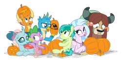 Size: 1300x640 | Tagged: safe, artist:dm29, imported from derpibooru, gallus, ocellus, sandbar, silverstream, smolder, spike, yona, changedling, changeling, classical hippogriff, dragon, earth pony, griffon, hippogriff, pony, yak, cutie mark, dragoness, female, halloween, holiday, jewelry, male, necklace, newspaper, nightmare night, pumpkin, pumpkin carving, simple background, student six, tongue out, transparent background