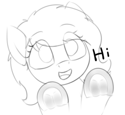 Size: 1212x1118 | Tagged: safe, artist:smoldix, imported from derpibooru, oc, oc only, oc:filly anon, earth pony, pony, against glass, bust, dialogue, female, filly, fourth wall, fourth wall pose, frog (hoof), glass, grayscale, hi, looking at you, monochrome, open mouth, simple background, solo, underhoof, white background