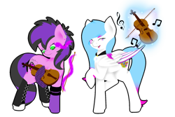 Size: 1024x683 | Tagged: safe, artist:absolitedisaster08, imported from derpibooru, oc, oc only, oc:heart light, oc:light heartless, earth pony, pegasus, pony, female, fishnets, magic, mare, musical instrument, raised hoof, simple background, sombra eyes, telekinesis, transparent background, violin