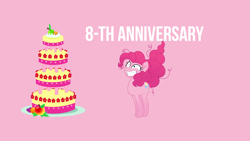 Size: 1920x1080 | Tagged: safe, imported from derpibooru, pinkie pie, earth pony, pony, my little pony: the movie, birthday, cake, female, food, happy birthday mlp:fim, mare, marzipan mascarpone meringue madness, mlp fim's eighth anniversary, mlp fim's seventh anniversary, pink background, simple background, solo