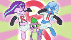 Size: 1280x720 | Tagged: safe, artist:ask-the-unnamed-pony, imported from derpibooru, spike, starlight glimmer, trixie, pony, unicorn, cat nose, clothes, costume, crossover, inktober, midriff, pokémon, skirt, sunburst background, team rocket