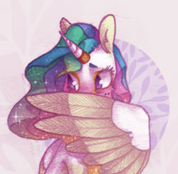 Size: 528x518 | Tagged: safe, artist:ipoloarts, imported from derpibooru, princess celestia, alicorn, pony, blushing, colored wings, covered face, cute, cutelestia, female, horn ring, mare, missing accessory, no pupils, solo, watercolor painting